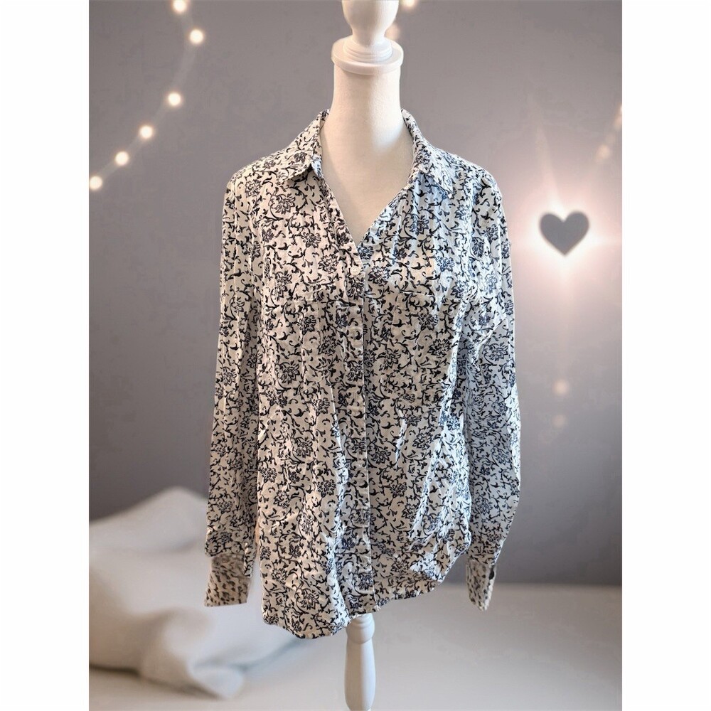 Gloria Vanderbilt Blouse Womens Size L White Blue Floral Button Front